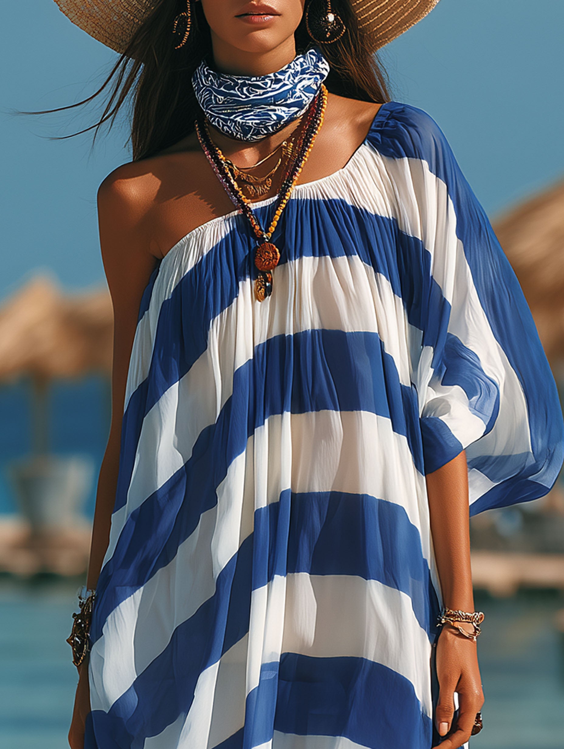 Resort-Style Blue And White Striped Chiffon One-Shoulder Short-Sleeved Maxi Dress