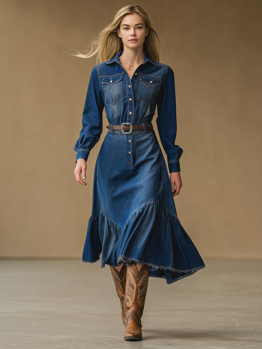 Vintage Lace-Up Blue Denim Long Sleeve Ruffled Shirt-Style Midi Dress