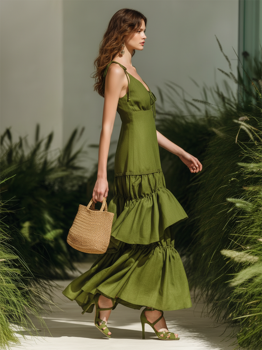 Vacation-style Cotton Green V-neck Maxi Dress