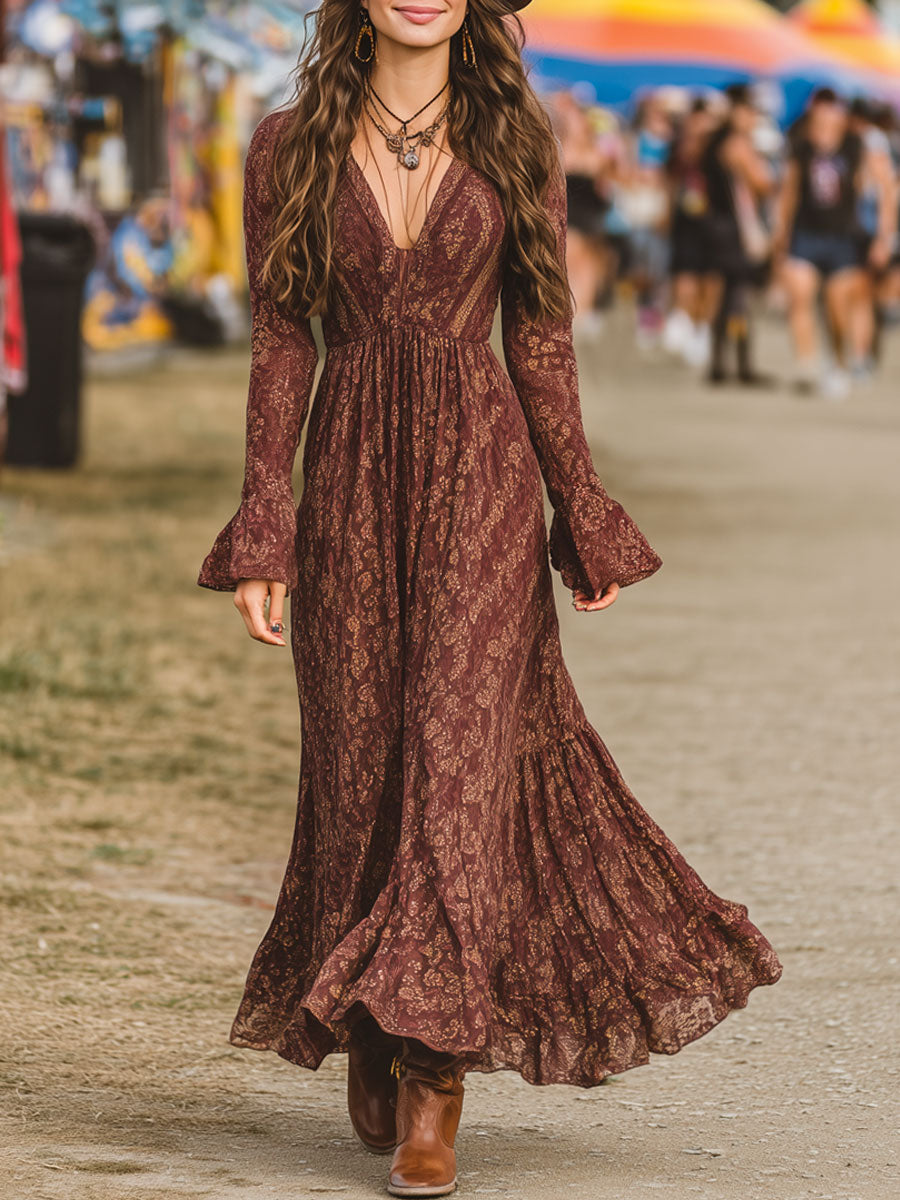 Retro Bohemian Brown Red Chiffon Print Long Sleeve Maxi Dress