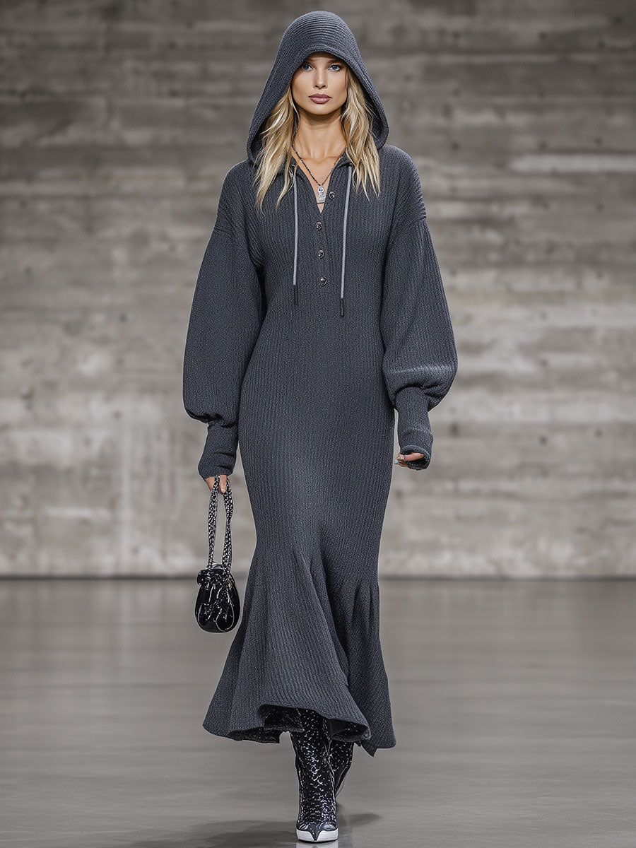 Fashion Loose Gray Pin Hooded Button Midi Dress