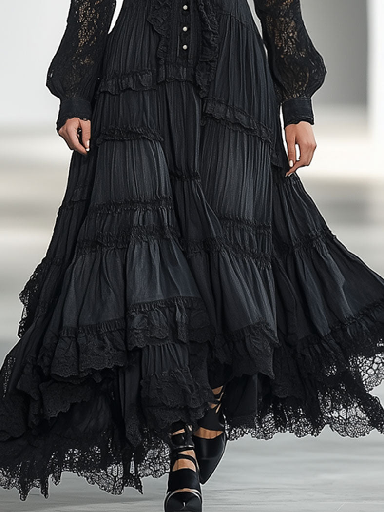 Retro Elegant Black Washed Cotton Splicing Lace Long Sleeve Lapel Maxi Dress
