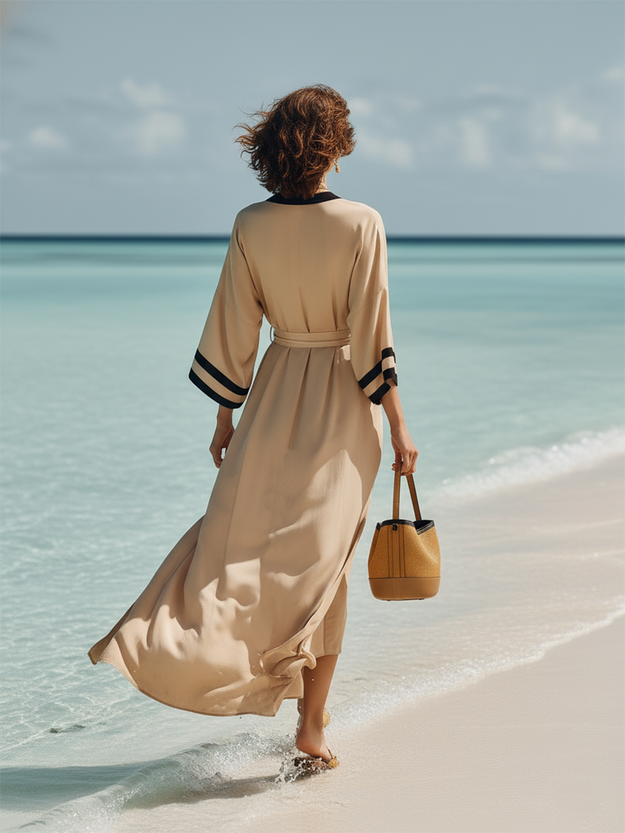 Vacation-style Cotton V-neck Long-sleeved Maxi Dress