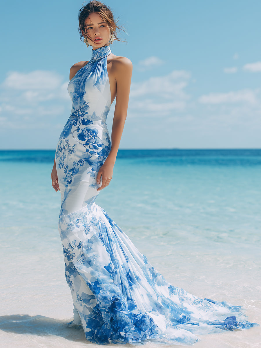 New Chinese Style Blue And White Satin Print Halter Neck Fishtail Maxi Dress