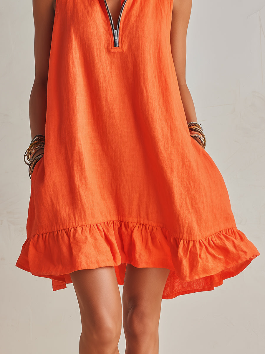 Vibrant Resort Orange Cotton Linen Half-Zip Stand Collar Ruffled Hem Mini Dress