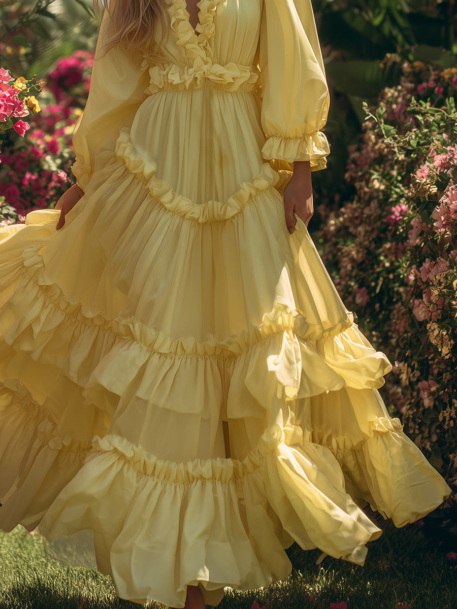 Bohemian Style Pale Yellow Multi-layered Cotton Ruffled Maxi Dress