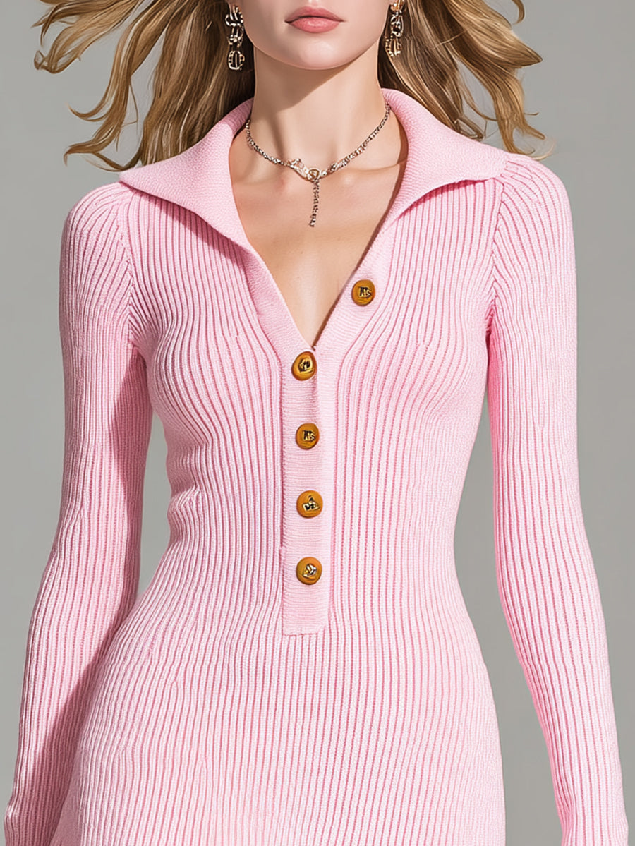 Fashionable And Elegant Pink A-line Knitted Long-sleeved Mini Dress