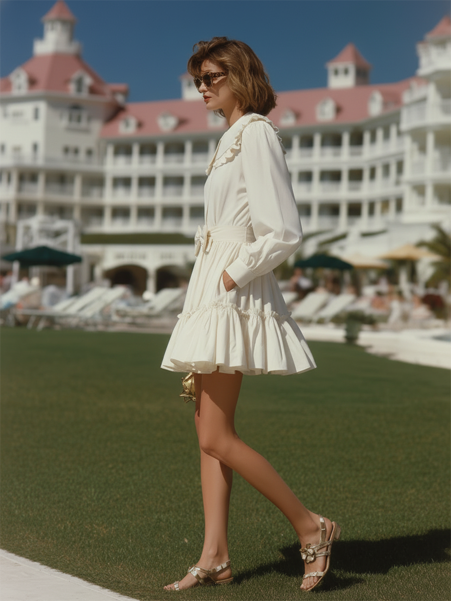 Vacation-style White Cotton Crew Neck Mini Dress