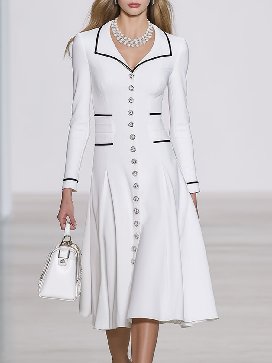 Elegant And Luxurious White Lapel Contrast Dress