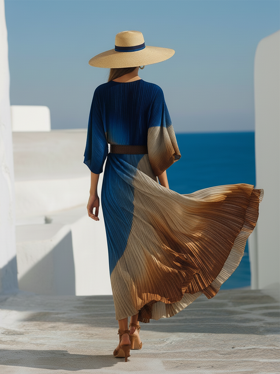 Stylish Vacation-inspired Printed Satin Short-sleeved Pleated Maxi Dress