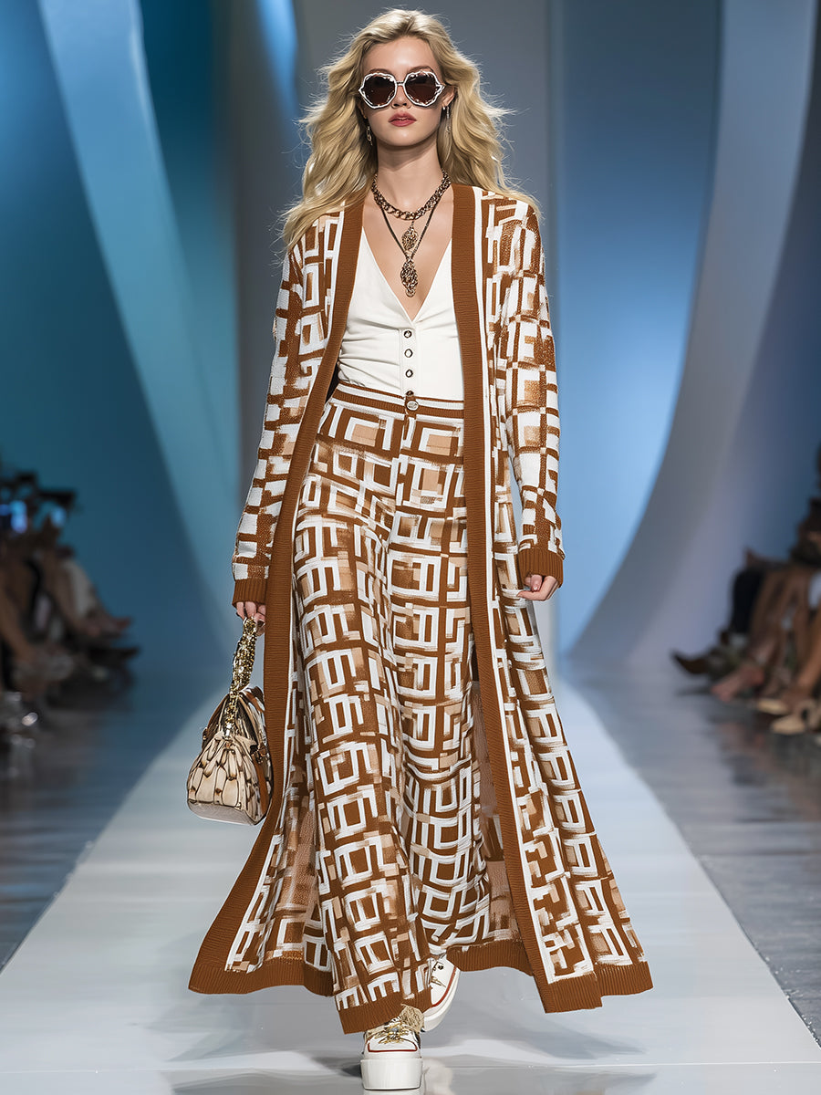 Fashionable Brown And White Geometric Pattern Long Cardigan And Trousers Set
