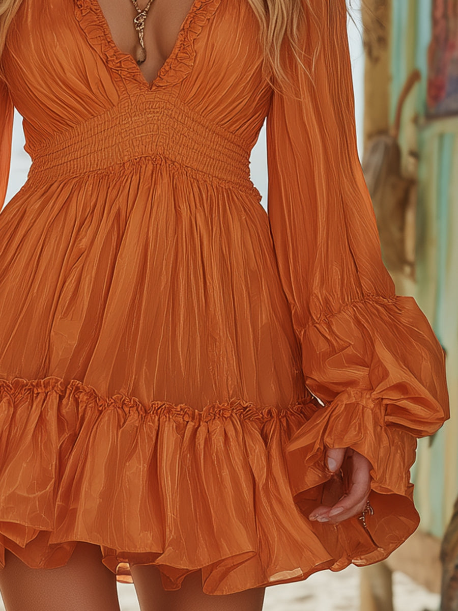 Vibrant And Sweet Orange V-neck Ruffled Mini Dress