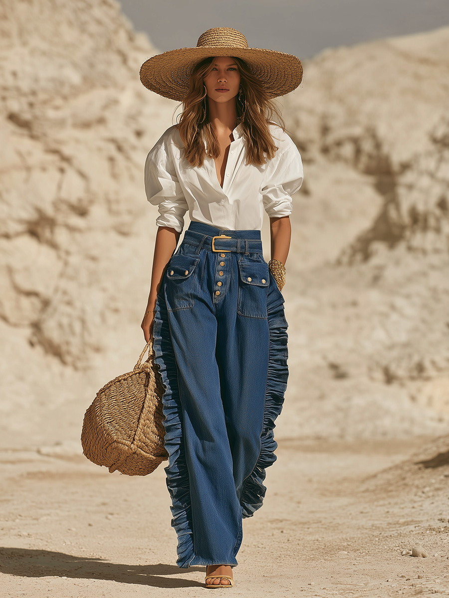 Romantic Bohemian Style Ruffled High-waisted Blue Jeans