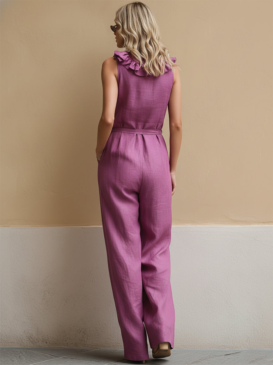 Casual Vacation Purple Cotton Linen Ruffled V-Neck Zipper Sleeveless Jumpsuit