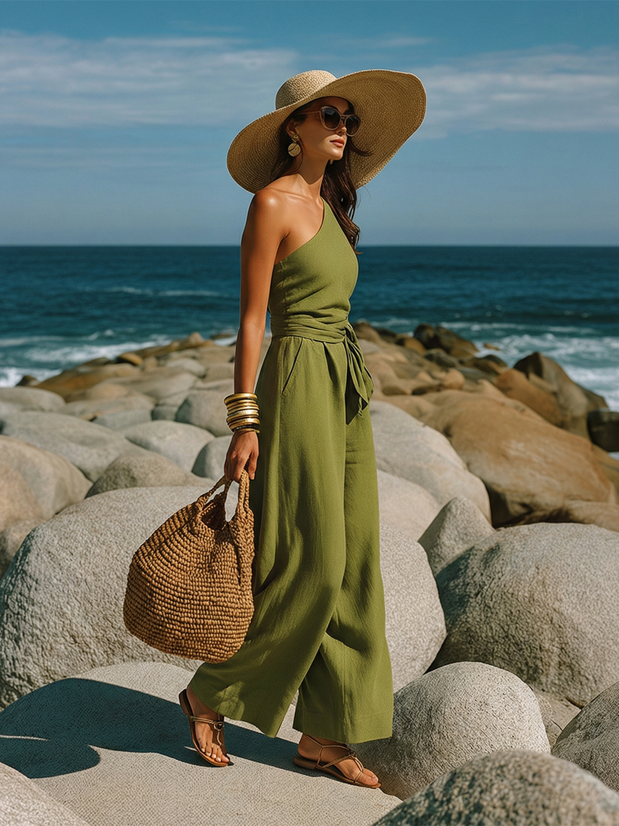 Loose-fitting Vacation One-shoulder Wide-leg Jumpsuit