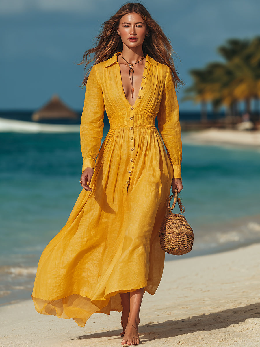 French Resort Style Yellow Cotton Linen Button-down Long-sleeved Maxi Dress