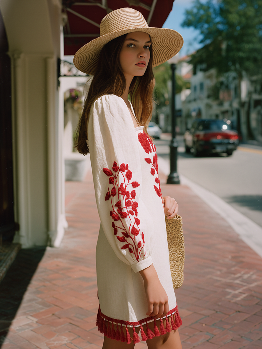 Bohemian Red 3D Embroidered Fringed Hem Off-white Cotton And Linen Mini Dress