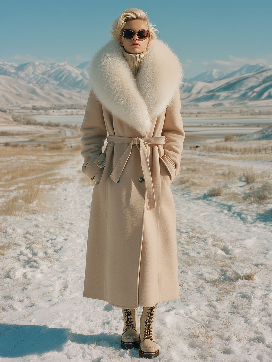 Retro Fashion Khaki Fur Collar Button Wool Coat