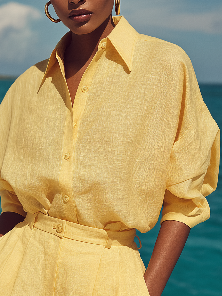 Casual Resort-style Yellow Cotton Shirt And Shorts Set