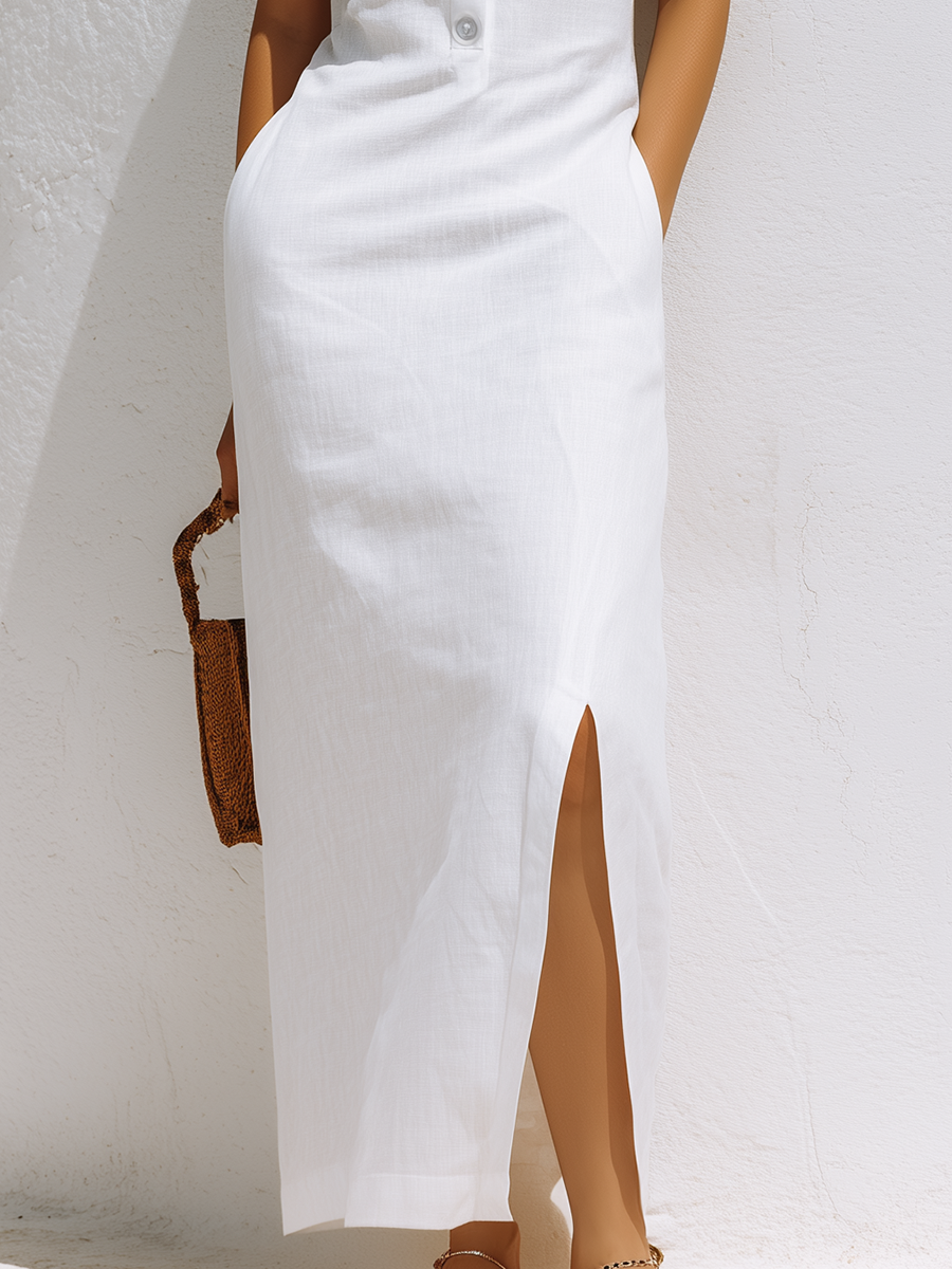 Resort-style White V-neck Sleeveless Slit Maxi Dress