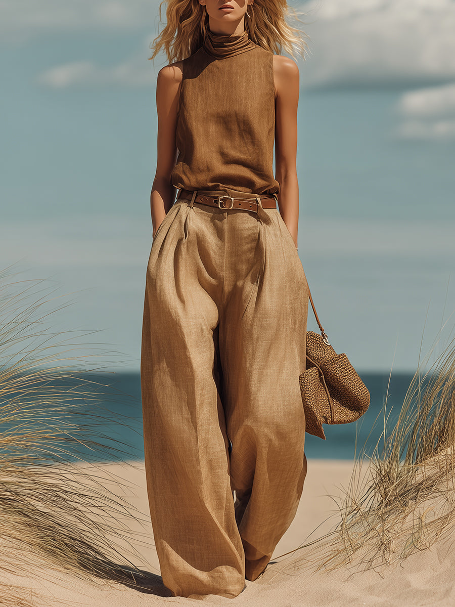 A Stylish Minimalist Walnut Brown Turtleneck Sleeveless Top And Camel Wide-leg Cotton-linen Set
