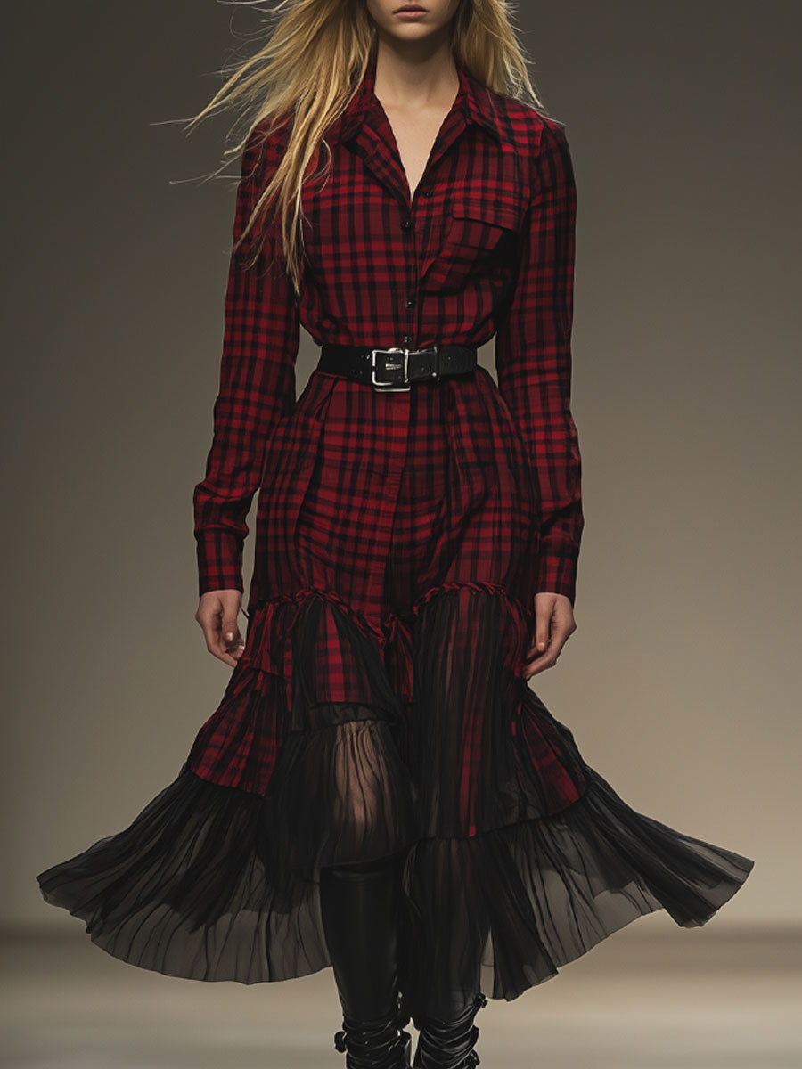 Retro Red Plaid Mesh Stitching Long-Sleeved Shirt Midi Dress