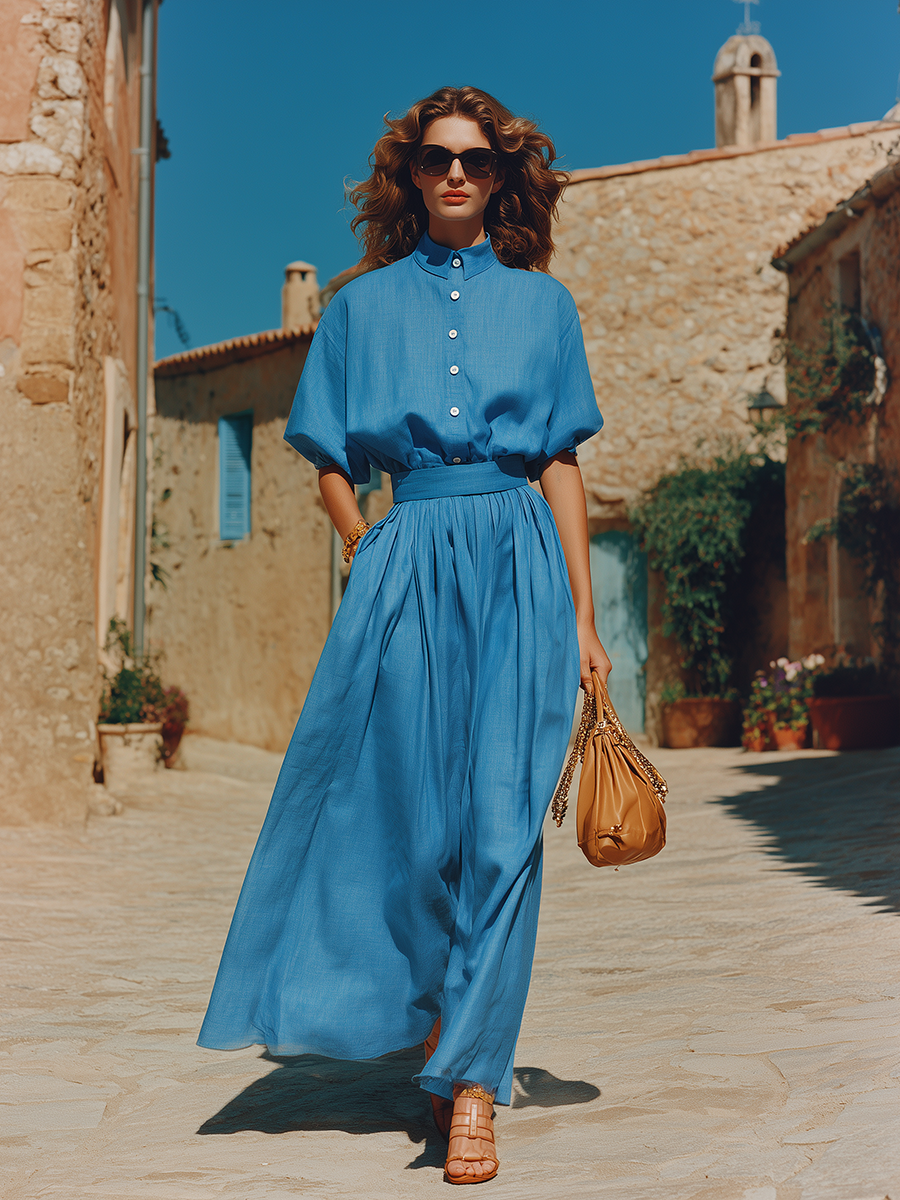 Blue Vacation-style Short-sleeved Top And Skirt Set