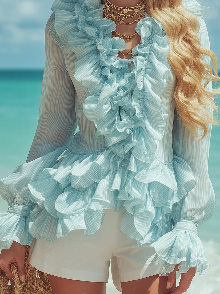 Fashionable Vacation Light Blue Ruffled Chiffon Blouse