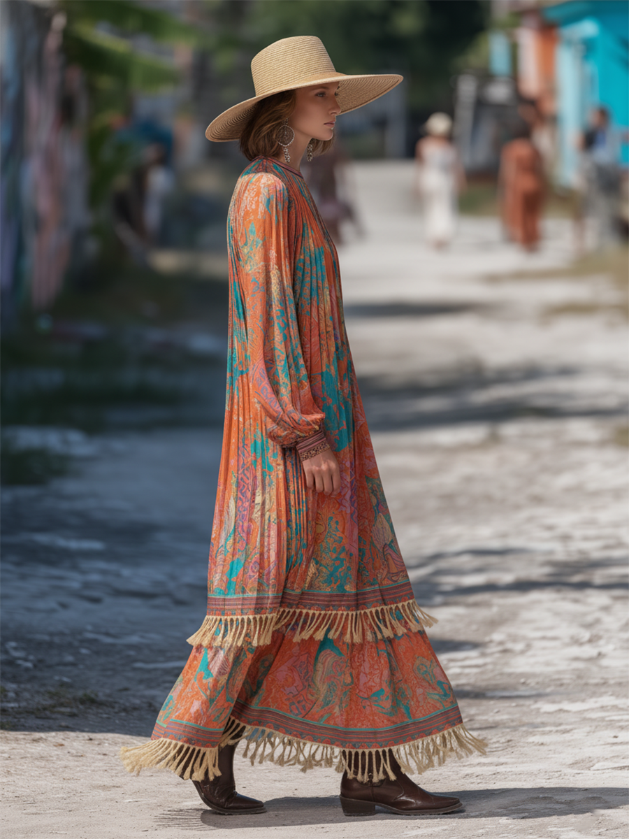 Loose-fitting Bohemian Print Tassel-trimmed Chiffon Maxi Dress