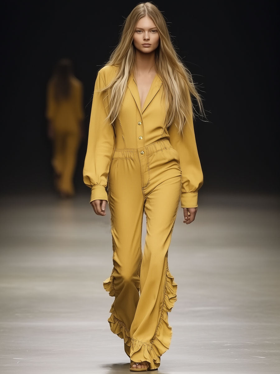Fashion Retro Naples Yellow Washed Cotton Lapel Jumpsuit