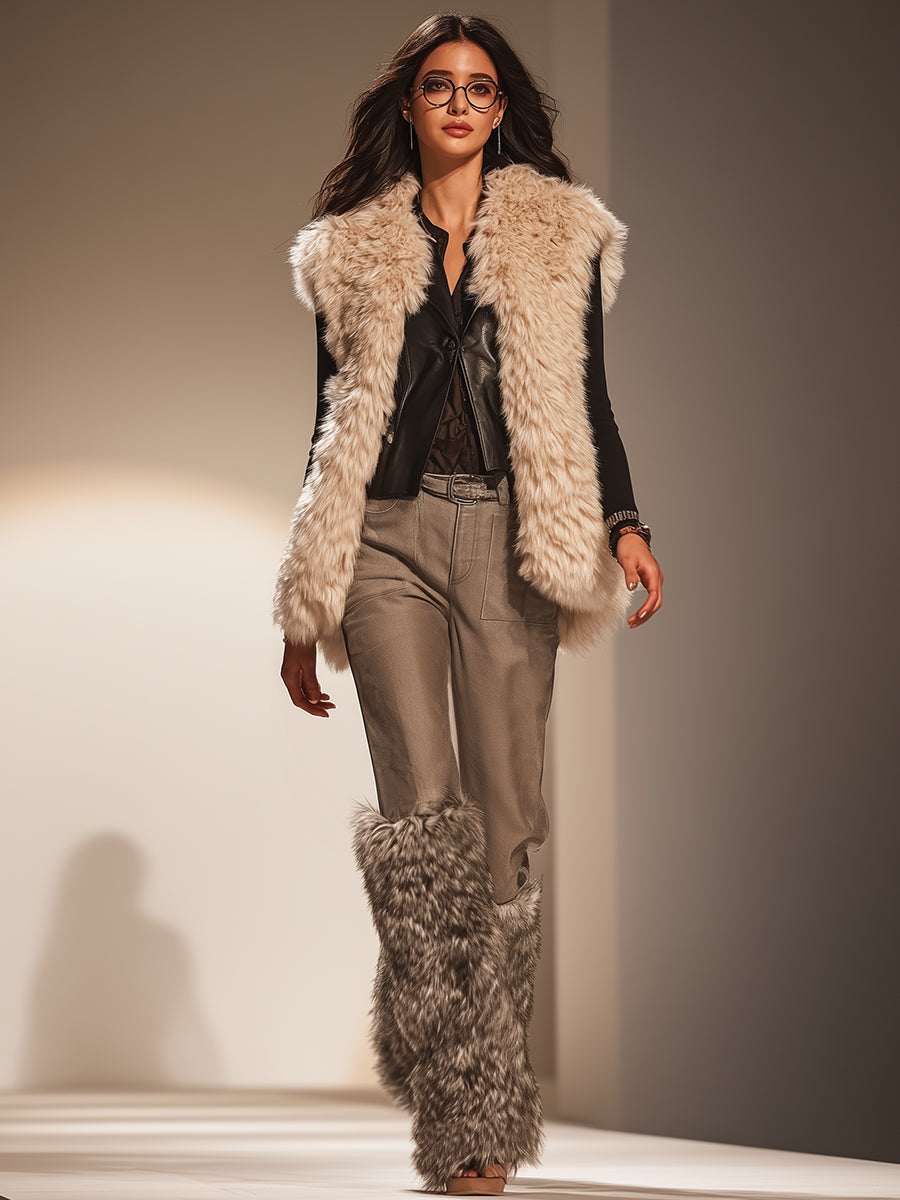 Luxurious And Fashionable Brown Faux Fur Patchwork Cotton Blend Pants
