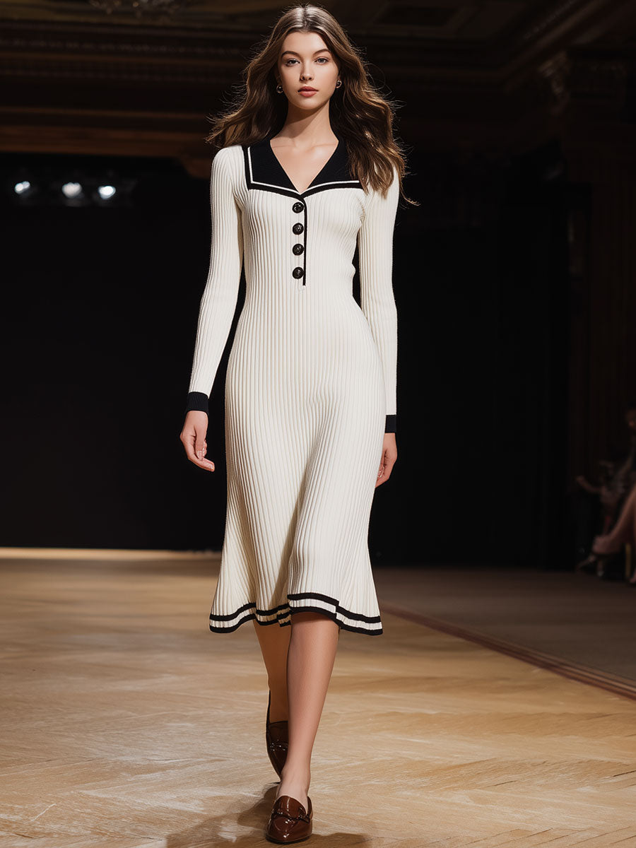 Retro Contrast Collar White Knitted Ribbed Long Sleeve Midi Dress