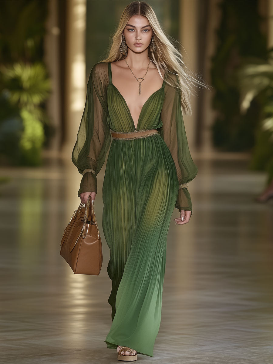 Elegant And Fashionable Forest Green Chiffon Tulle Long-Sleeved Jumpsuit