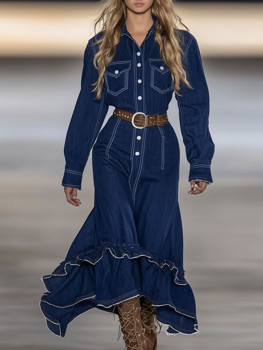 Vintage White Topstitched Dark Blue Denim Ruffled Long-Sleeved Maxi Dress