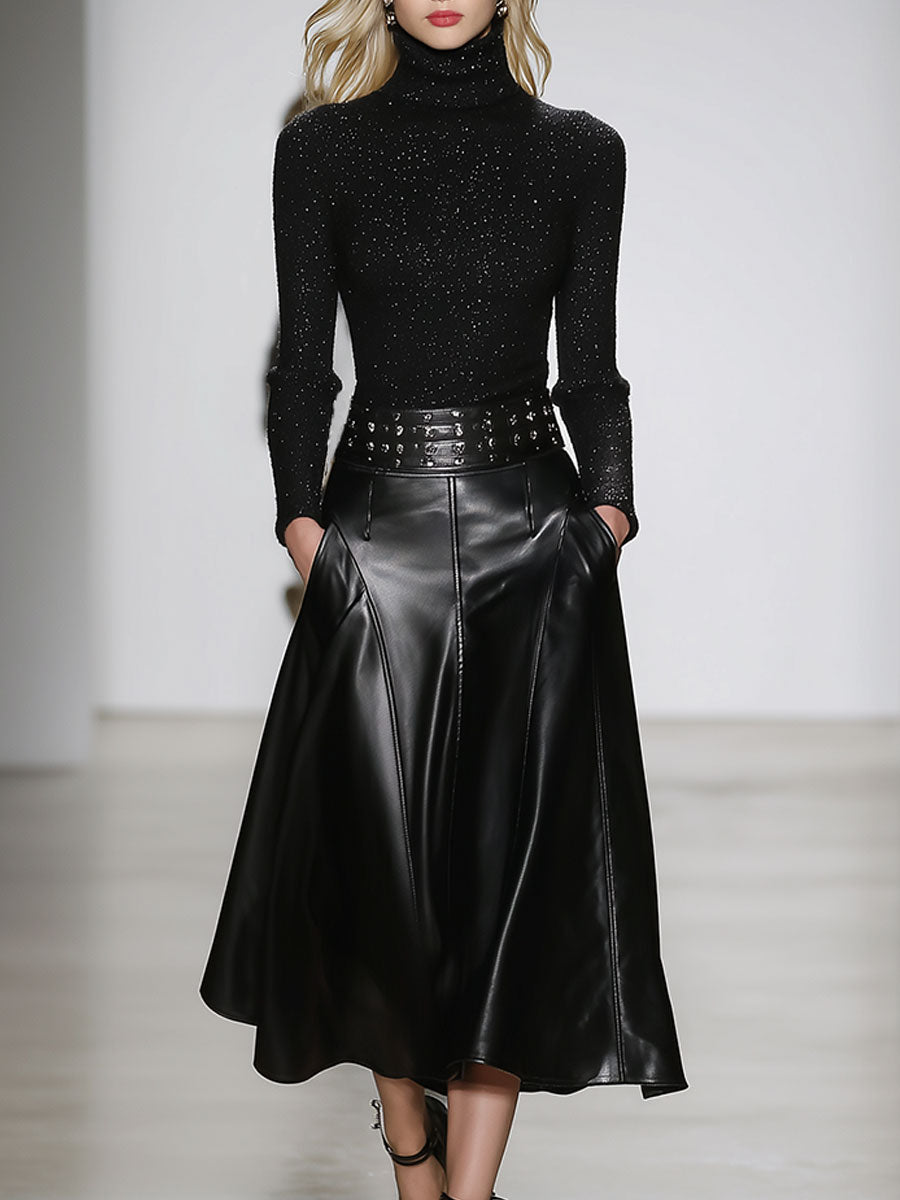 Fashion Retro Black High Waist Faux Leather Skirt