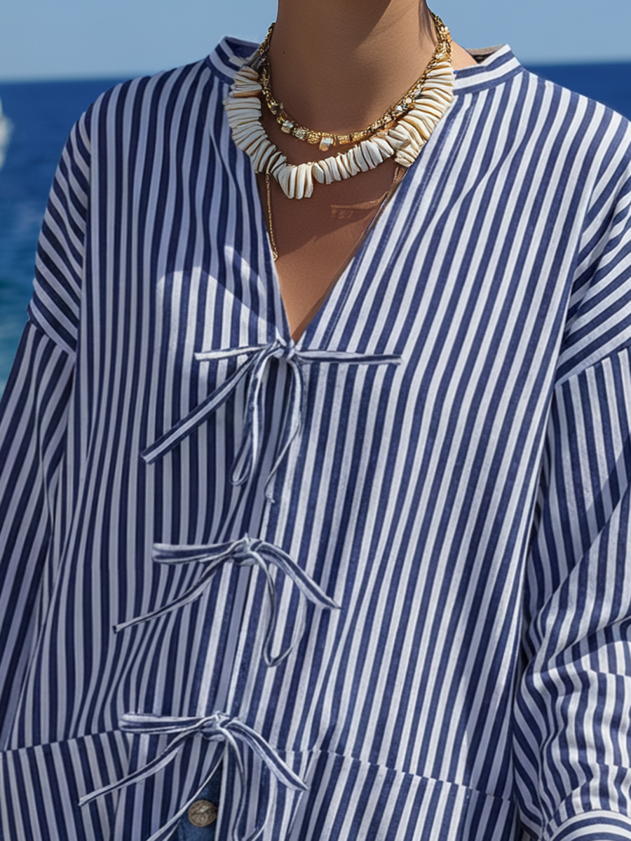 Casual Beach Style Front Tie-up Blue And White Striped Shirt
