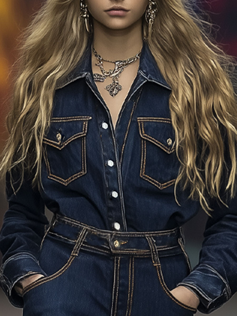Fashionable And Casual Dark Blue Lapel Brown Topstitched Long-Sleeved Jumpsuit