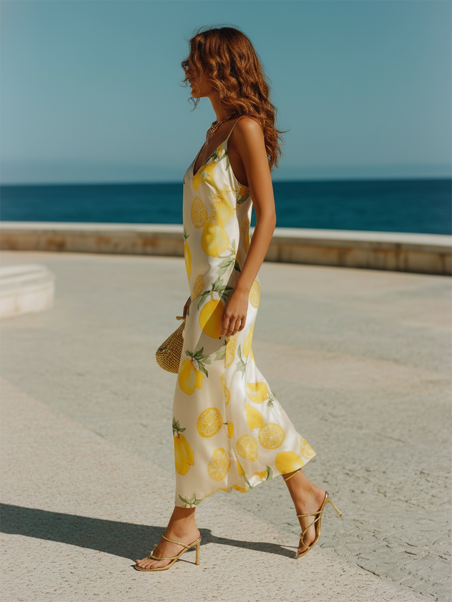 Vacation-style Strappy Printed Satin Maxi Dress