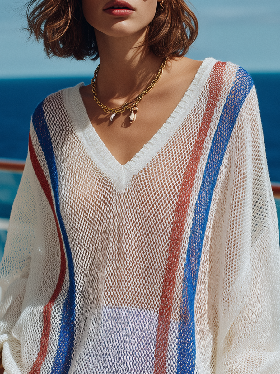 Trendy Beach Vacation Color-blocked Striped Lightweight Knit Top