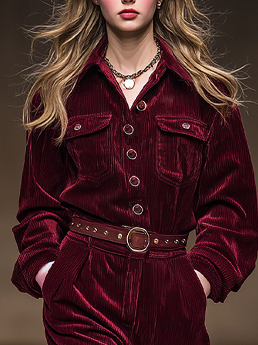 Retro Casual Burgundy Corduroy Lapel Long-Sleeved Jumpsuit