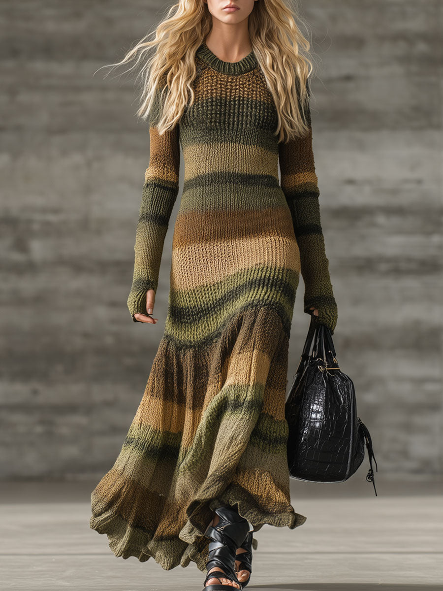Vintage Striped Knitted Round Neck Long Sleeve Ruffled Maxi Dress