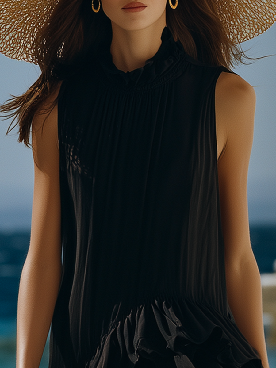 Romantic Vacation Style High-low Hem And Ruffled Black Sleeveless Chiffon Top