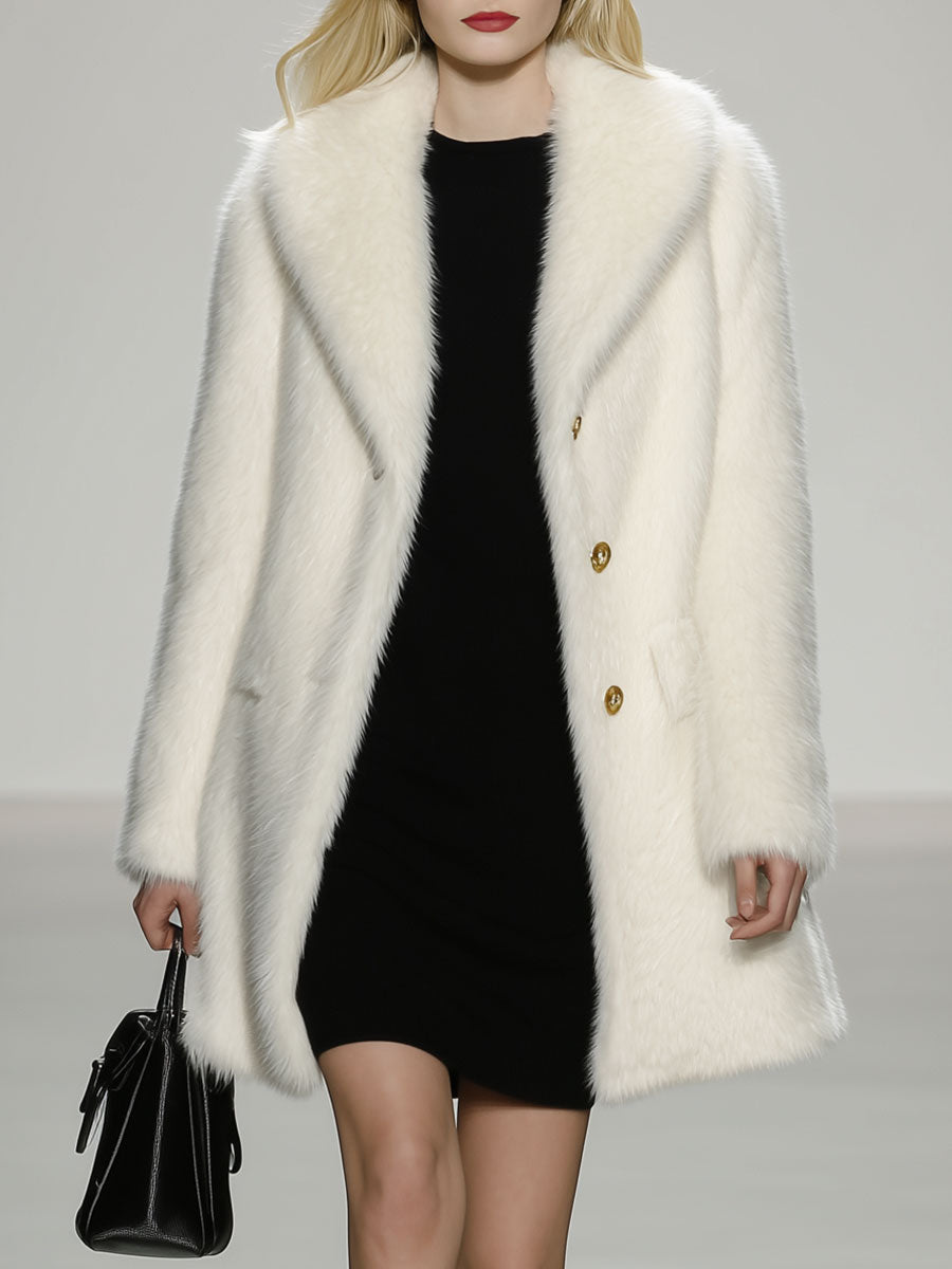 Elegant And Luxurious White Eco-Friendly Fur Lapel Coat