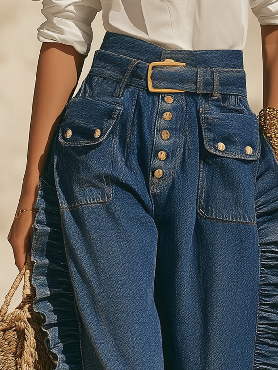 Romantic Bohemian Style Ruffled High-waisted Blue Jeans