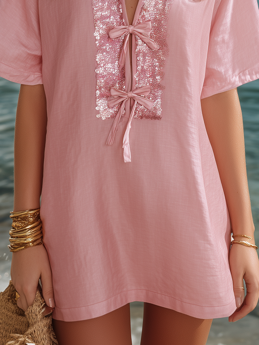Loose-fitting Vacation-style Sequined Short-sleeved Mini Dress