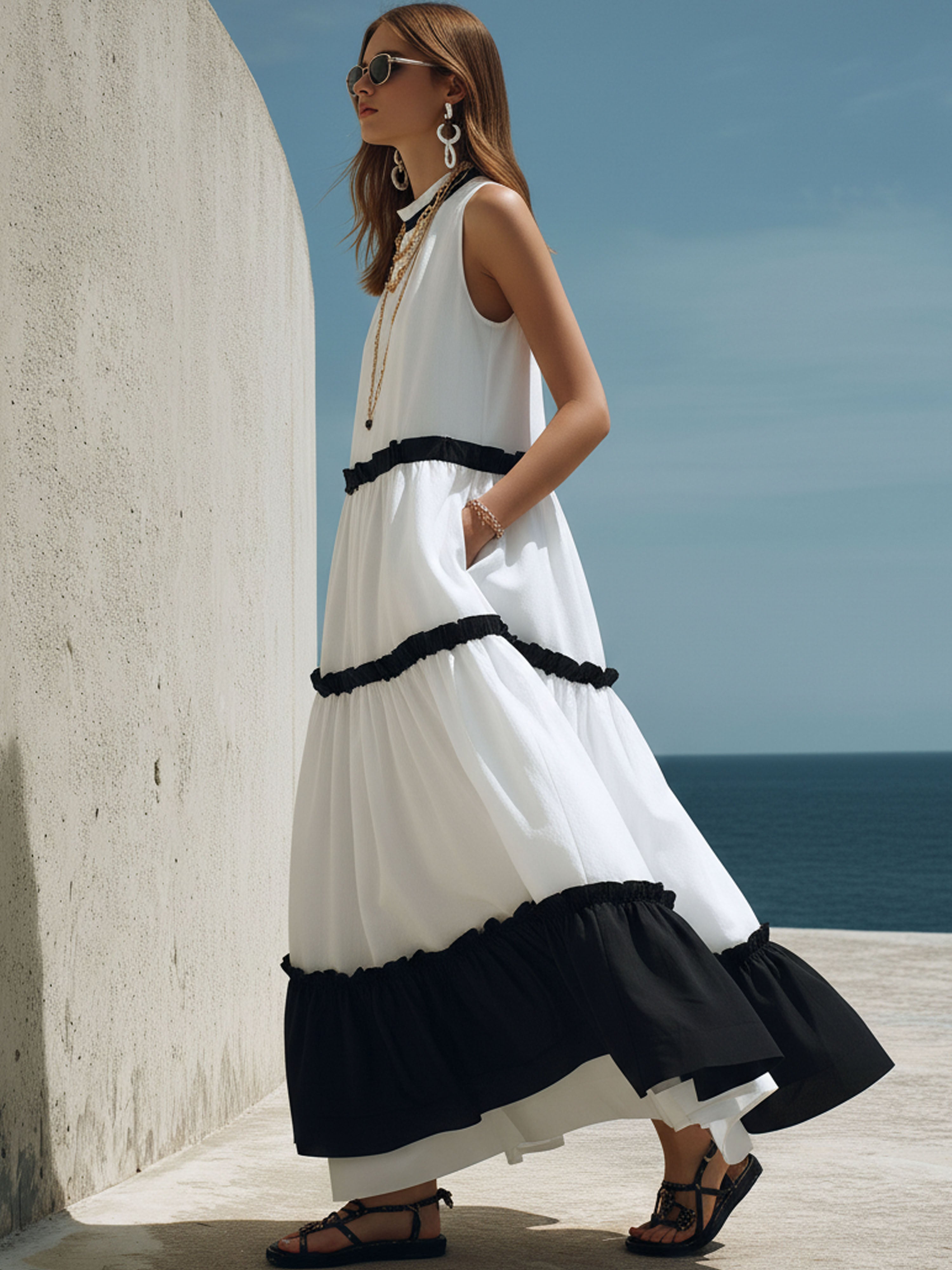 Elegant White Cotton-Linen Patchwork With Black Lace Trim Maxi Dress