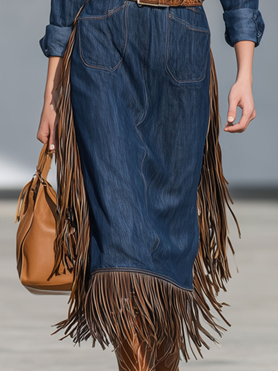 Western Retro Tassel Lace-Up Blue Denim Long-Sleeved Midi Dress