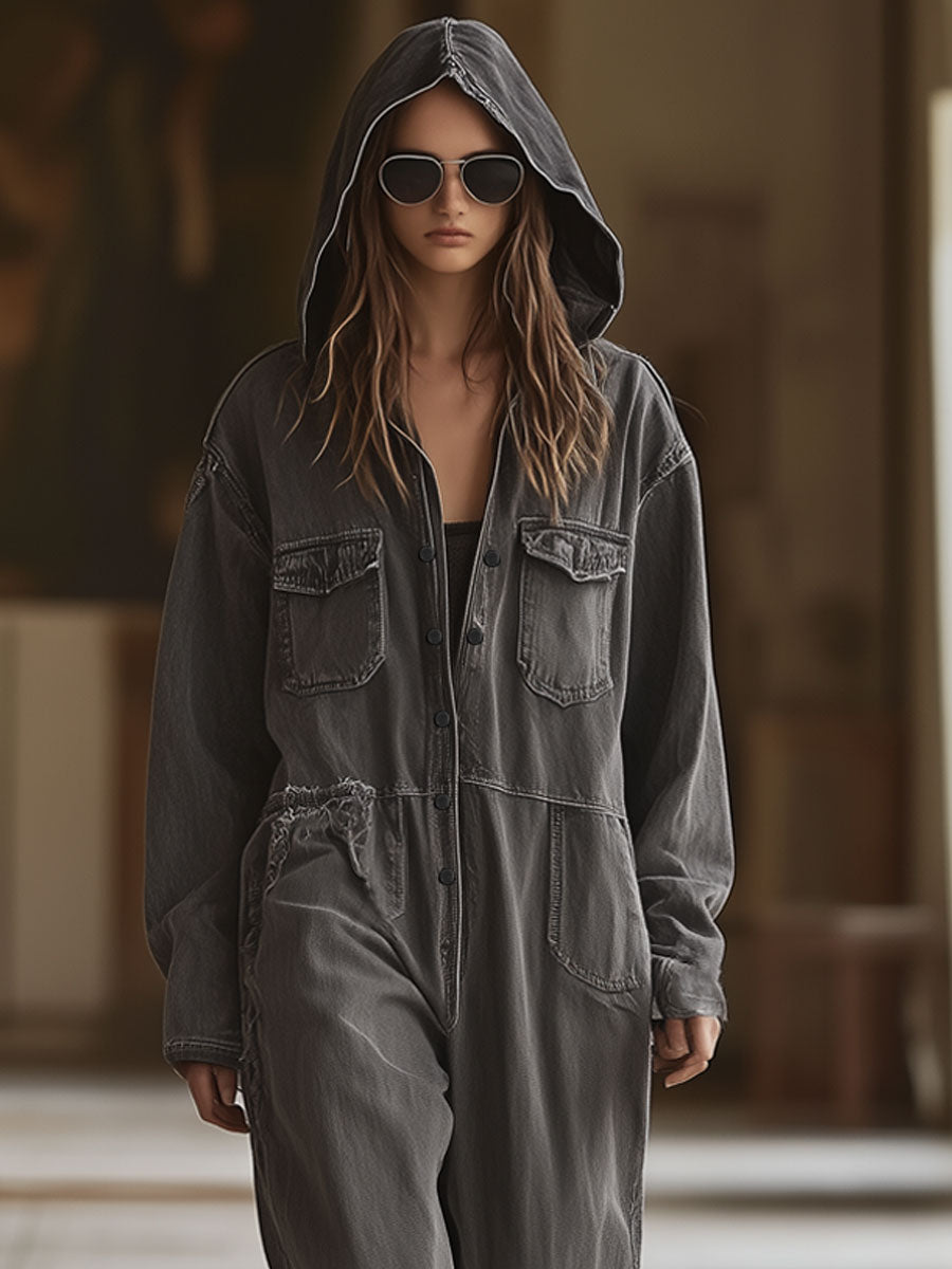 Casual Loose Retro Graphite Gray Denim Ripped Long Sleeve Hooded Jumpsuit