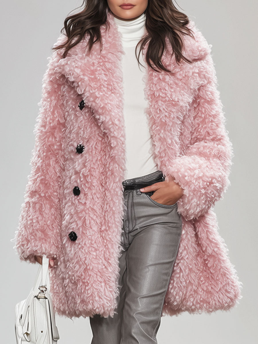 Pink Lapel Button Warm Curly Faux Fur Coat