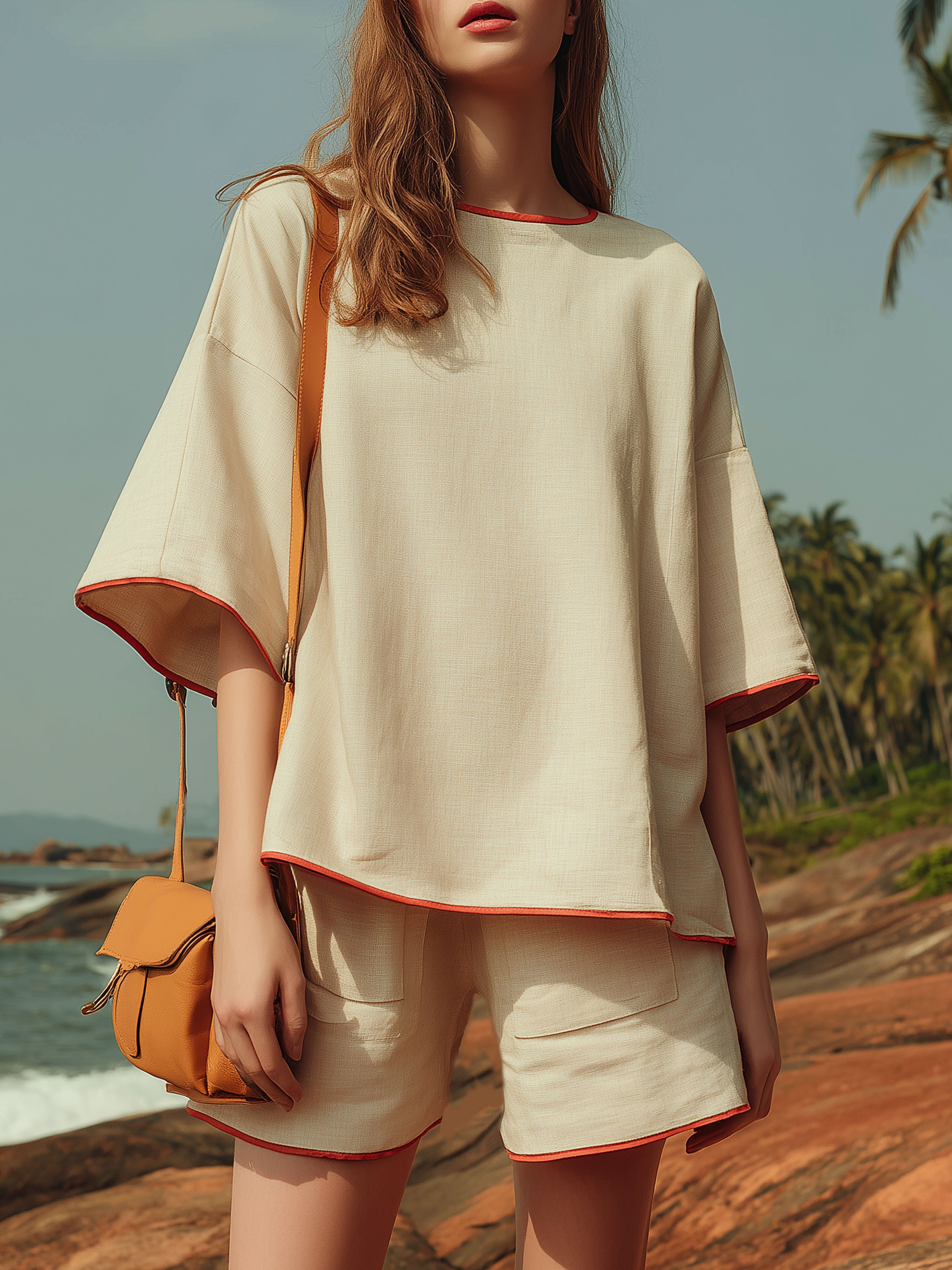 Vacation-Style Off-White Cotton Linen With Red Piping Short-Sleeved Shorts Set